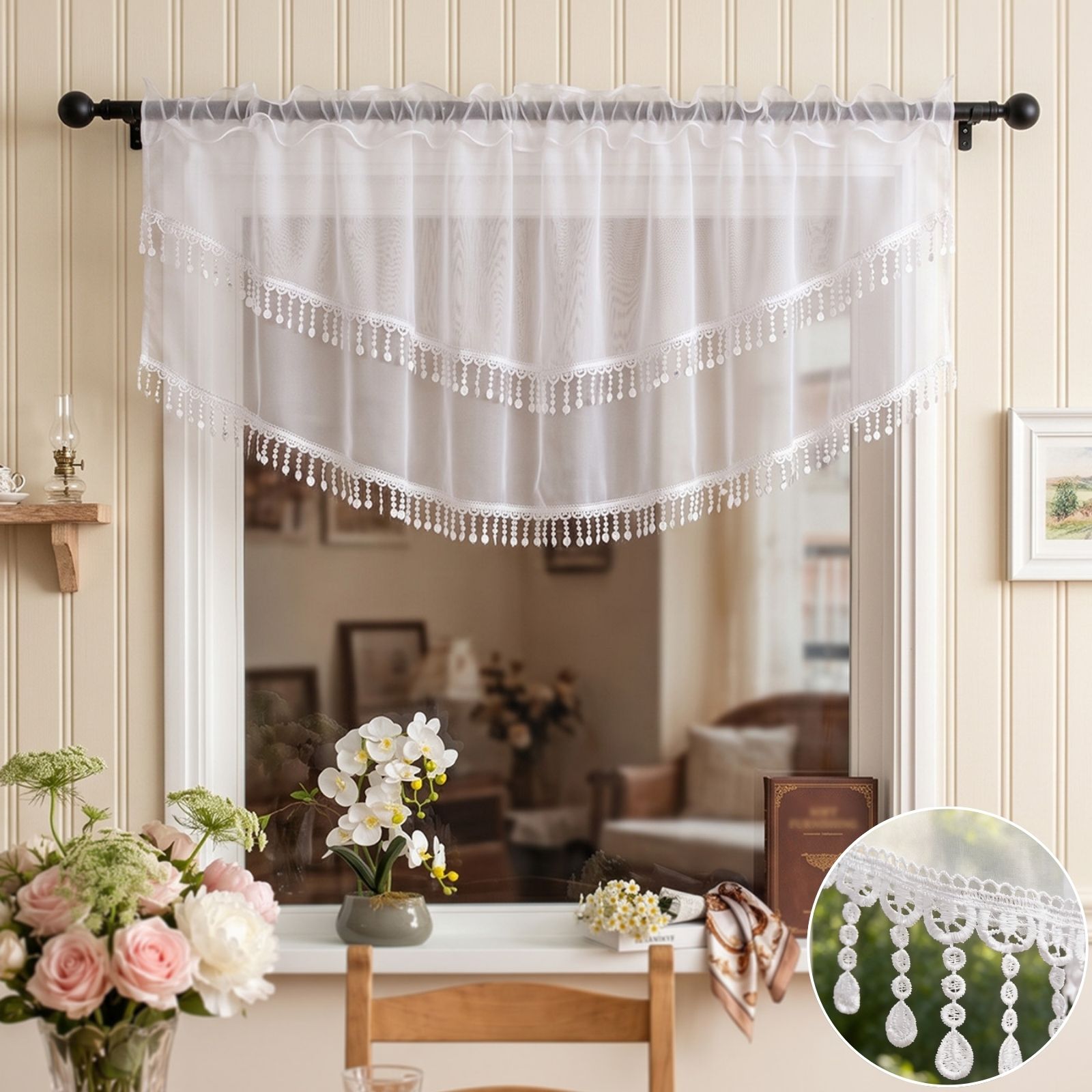 2PCS White Lace Beaded Tassel  - đánh giá và giá Home Office Kitchen